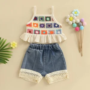 Girls Flower Print Shirt with Tasseled Denim Shorts